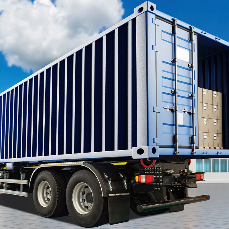 trucks with blue colored container has door open with pallet of boxes visible inside